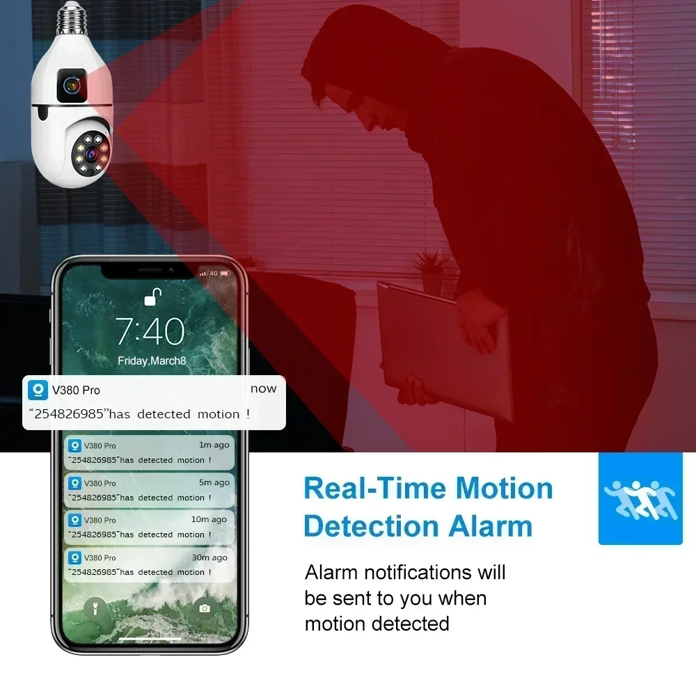 E27 Bulb Wifi Surveillance Camera 8MP Smart Home Dual Lens Camera Support Two-way Audio Color Night Vision Video CCTV Security