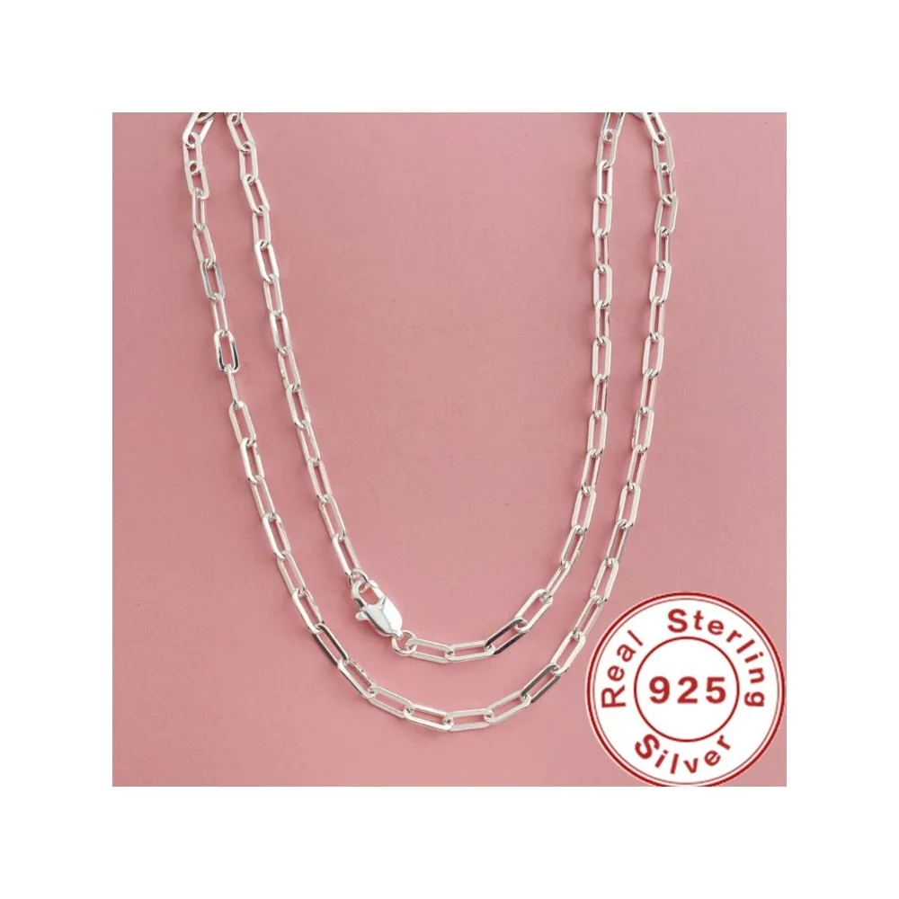 Suyixian 45-60cm Wholesale 925 Sterling Silver 3mm Wide Paper Clip Necklace for Boys Girls Women Fine Jewelry Wedding Party