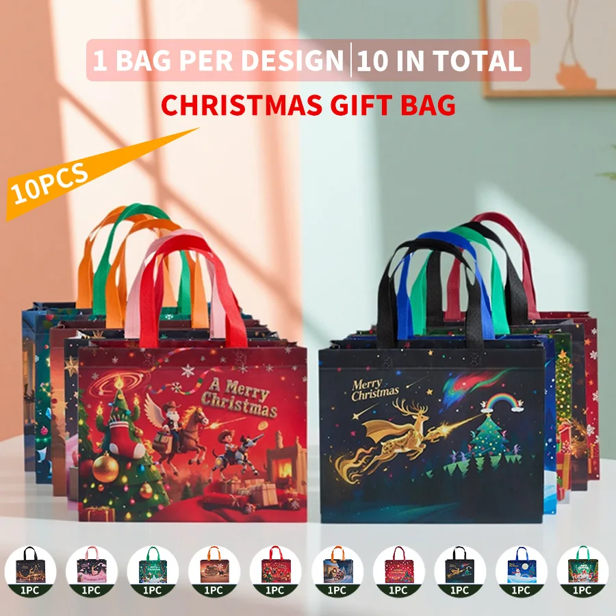 

10 шт. Большие рождественские подарочные пакеты из нетканого материала — 10 УНИКАЛЬНЫХ дизайнов! (Санта на Пегасе, Золотой Олень) Сумки для праздничной вечеринки