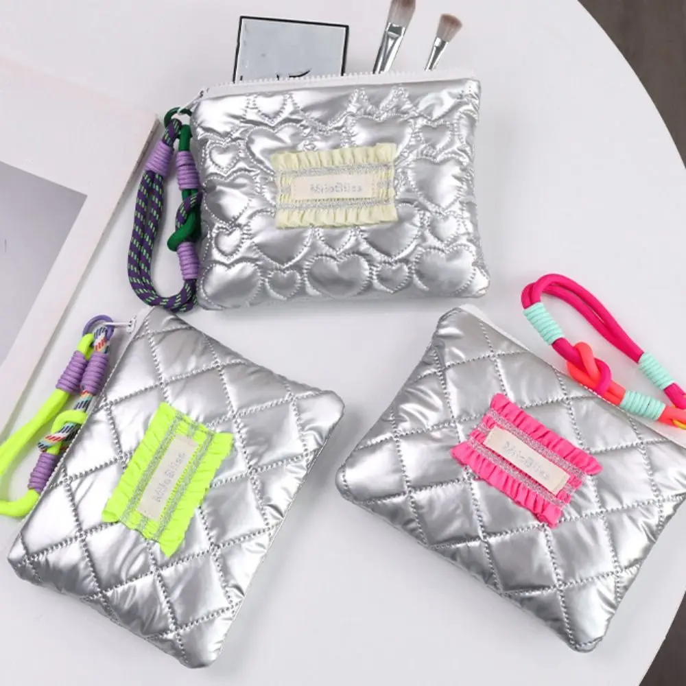 Love Heart Silver Coin Purse Korean Style with Hanging Rope Small Item Bag Makeup Organizer Handbag Stuffed Cotton Cosmetic Bag