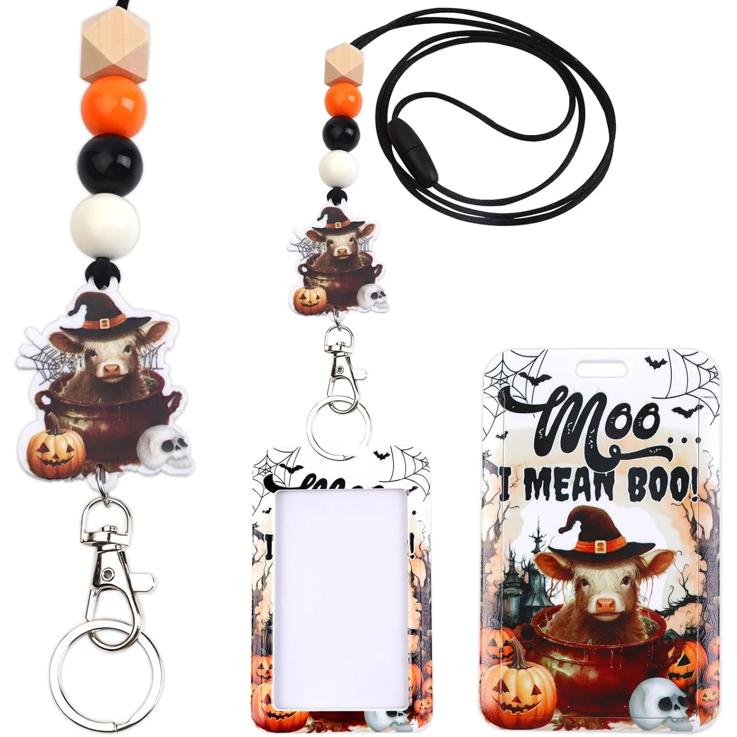 Funmemoir Lanyards for Badges, Halloween Western Highland Cow Theme Pumpkins Name Badges Holder for Teacher Nurse Office Gifts