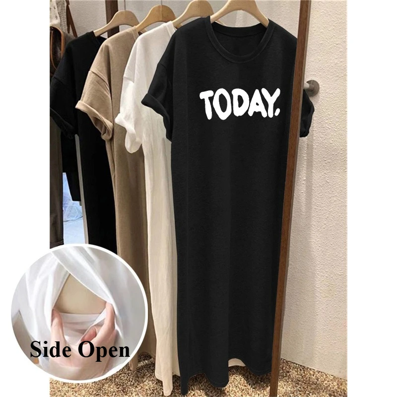 Breastfeeding Dress Maternity Long T-Shirt Dress Korean Style Loose Feeding Clothing Pregnancy Home Clothes Side Open Nightgown