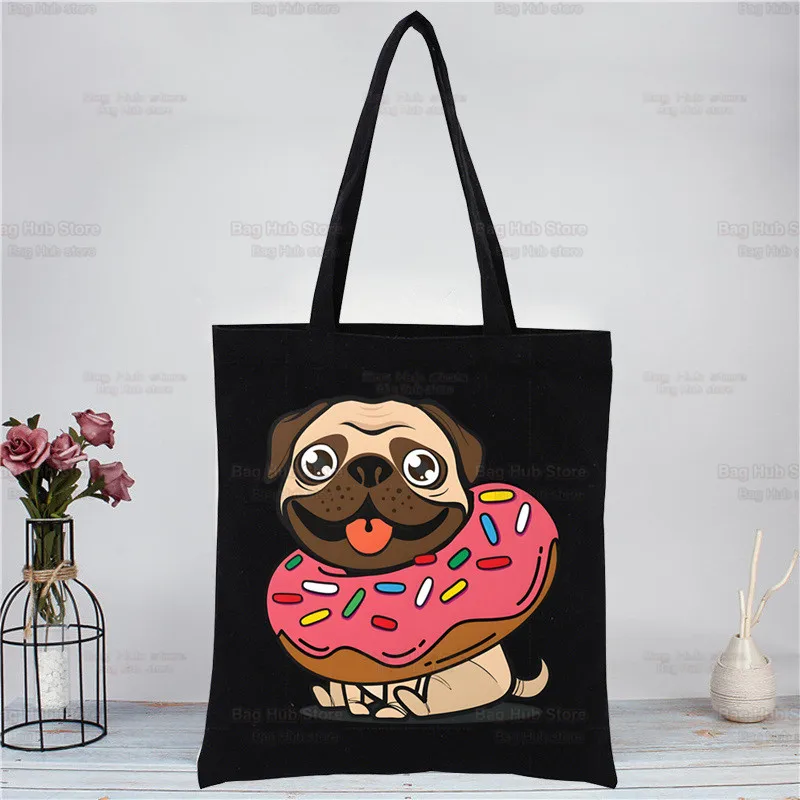 Pug Dog Tote Bag Shopping Original Design Black Unisex Travel Dug Life Bad Dog Canvas Bags Eco Foldable Shopper Bag