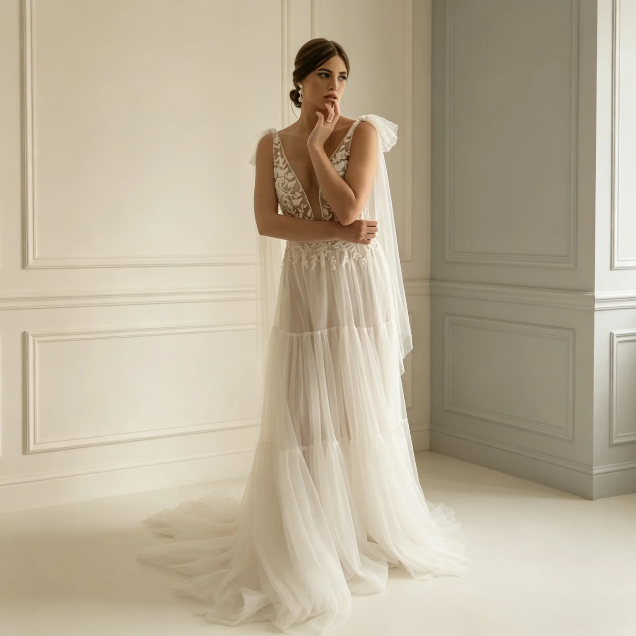 Luxury Wedding Bridal Gowns Lace Embroidery V-shaped Open Back Special Bride Wedd Dresses Shoulder Ribbon Side Slit Design