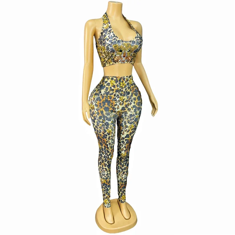 

Rhinestones Leopard Event Outfit Women Jazz Dance Costumes Group Party Performance Clothes Nightclub Dj Ds Rave Wear
