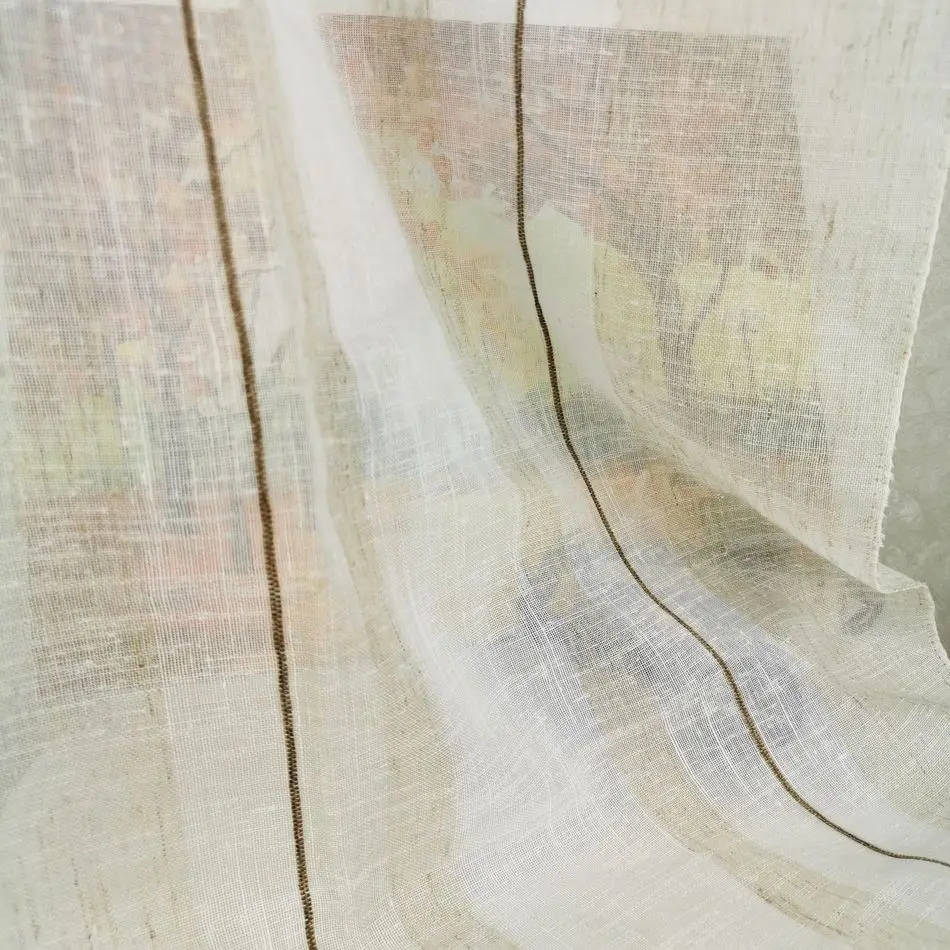 Nature Linen Retro Stripe White Sheer Window Curtain European Style Rod Pocket Grommet for Living Room Bedroom Decorative Home