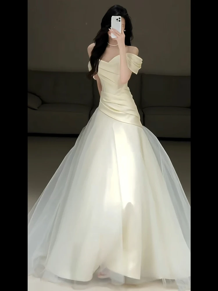 

Ele Simple One-oulder Satin Wedding Dr Light Bridal Gown with Train for Hotel Indoor Ocns 2025 Summer New Arrival