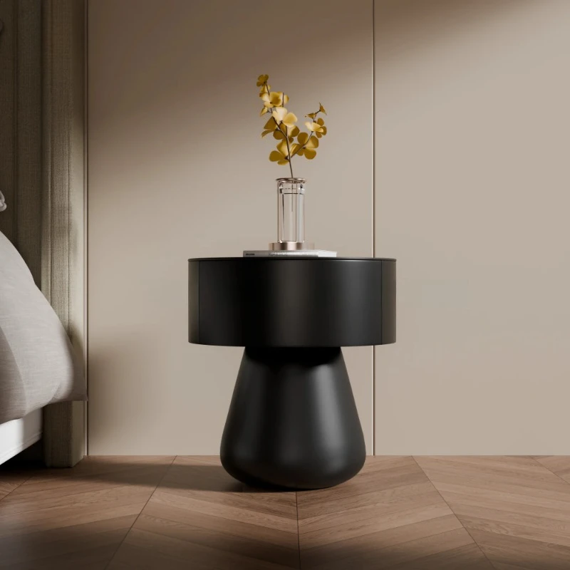 Simple light luxury style round bedside table solid wood storage creative edge few black high-end modern simple bedroom