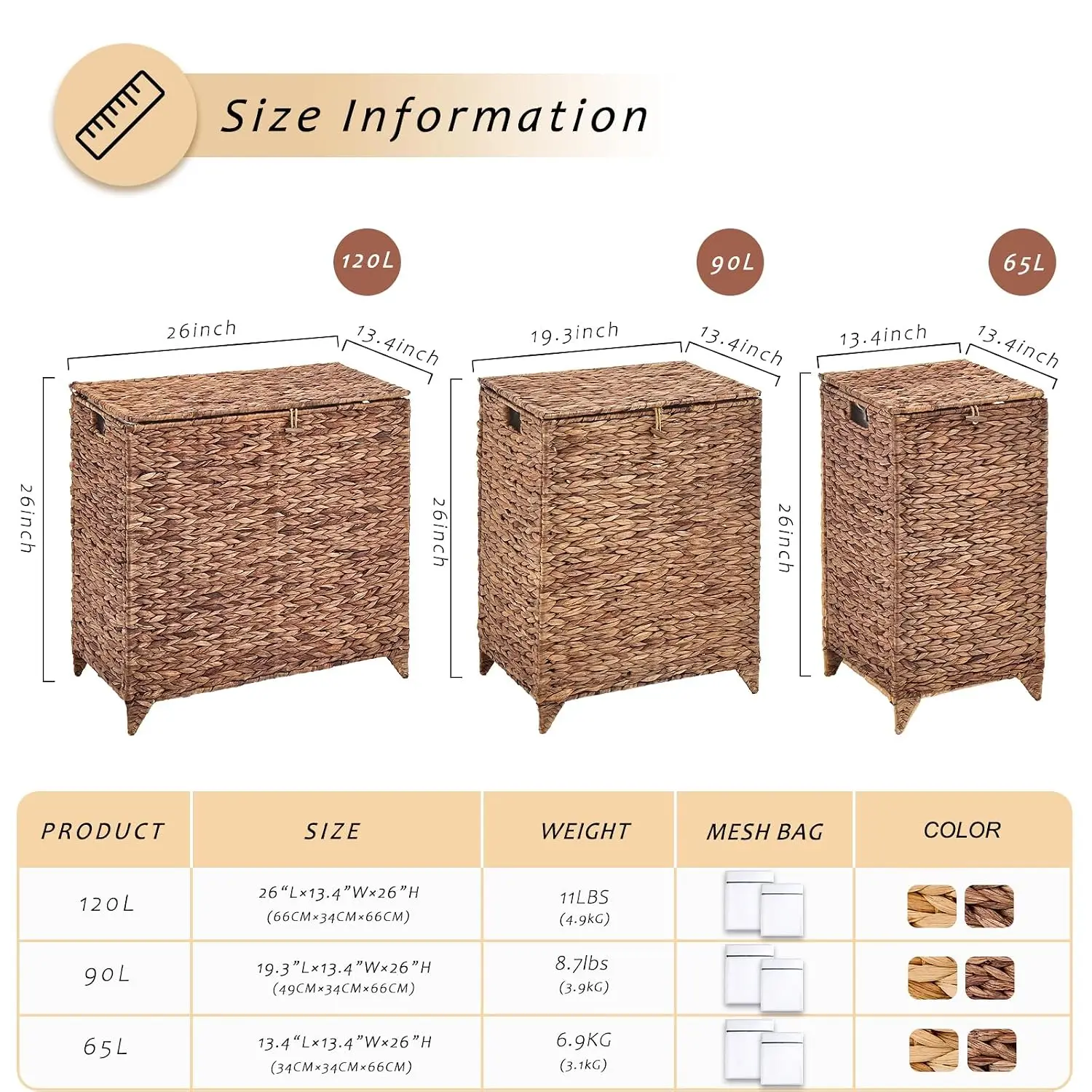 Laundry Hamper with Lid, Natural Water Hyacinth Heightened Feet Basket,90L