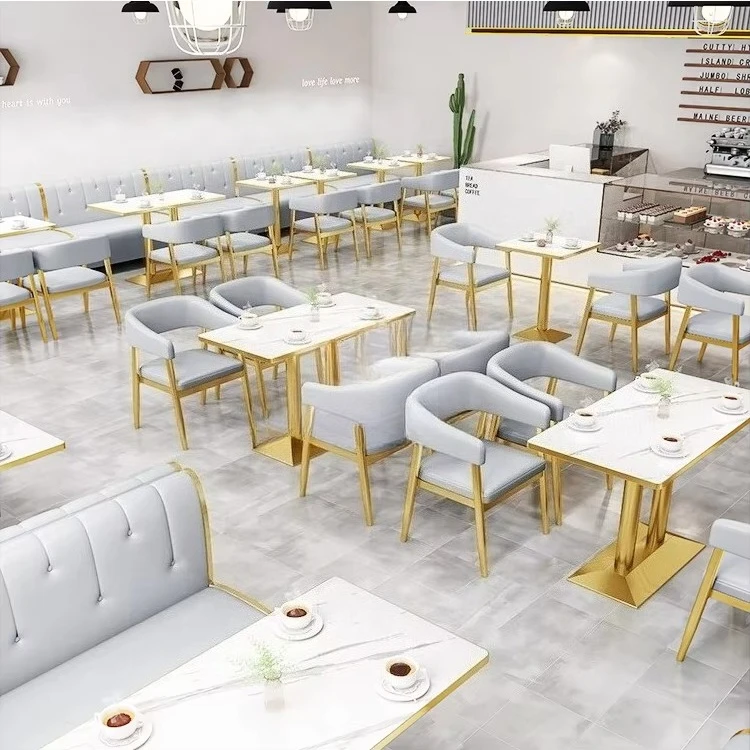Customized Restaurant Booth Seating Set Marble Top Golden Dining Table and Chair Sofa for Coffe Shop Furniture