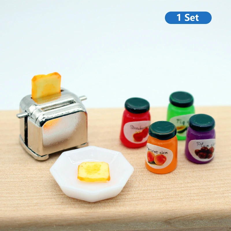 1Set 1:12 Miniature Dollhouse Bread Machine Bread Jam Dinner Plate Combination Model Kitchen Scene Simulation Toys Accessories