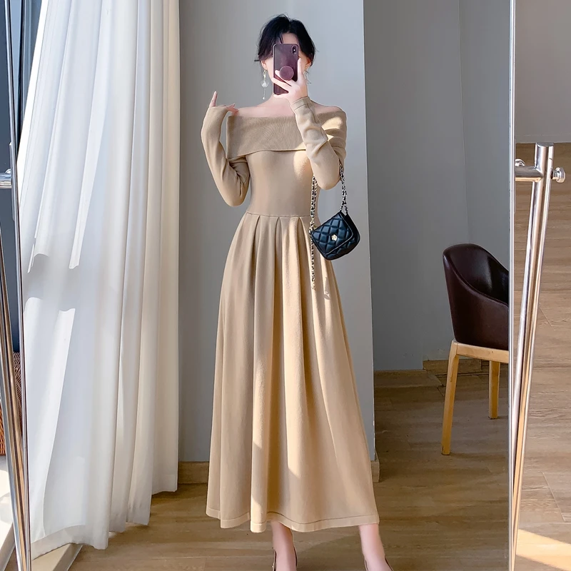 Real shot one shoulder knitted dress for women's autumn and winter temperament, slim fitting, waisted long skirt