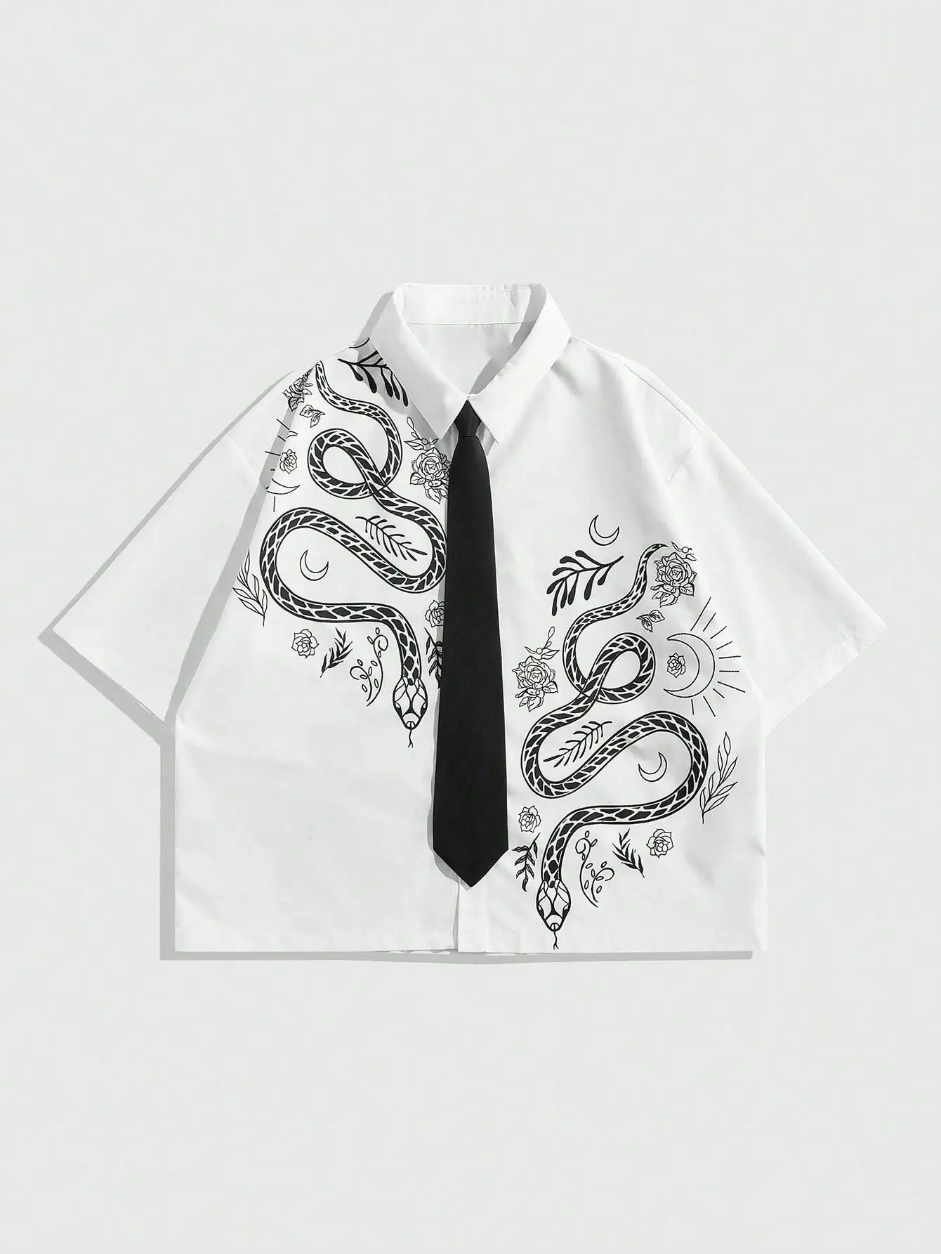 

Men's White Short Sleeve Casual Shirt with Black Snake & Floral Graphic Print, Gothic Style