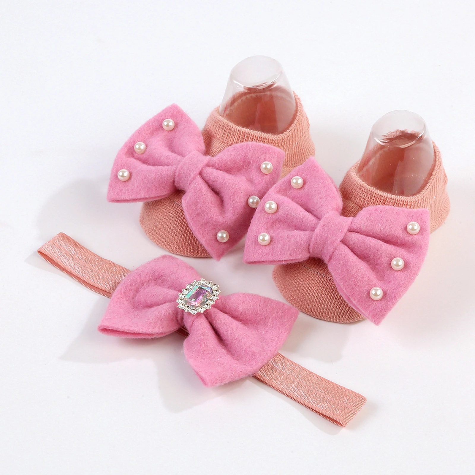 Cute Bowknot Baby Girls Floor Socks with Headband Set Non Slip Toddler Walking Socks Infant Grip Crew Socks for Kids Infant