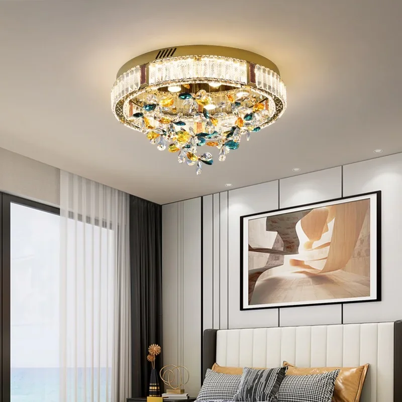 Luxury Colorful Crystal Flower LED Bedroom Ceiling Lamps Modern Home Decor Dining Room Round Ceiling Lights LED Lustres Fixtures