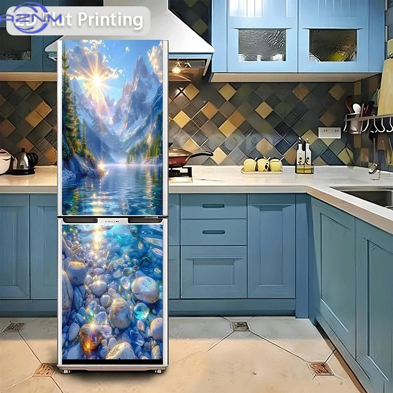 of Refrigerator Sticker Measuring 60X180 Cm Featuring a Theme Scene of a Lake in The Mountains with Sparkling Pebbles, Self-Ad view 4