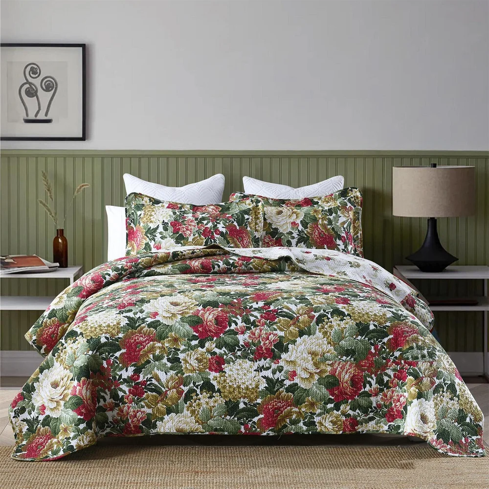 Imagem -02 - Conjunto de Colcha Floral de Algodão Chausu Colcha na Cama Capa Colcha Impressa Queen Size Cobertor para Cama de Casal Unidades Verão