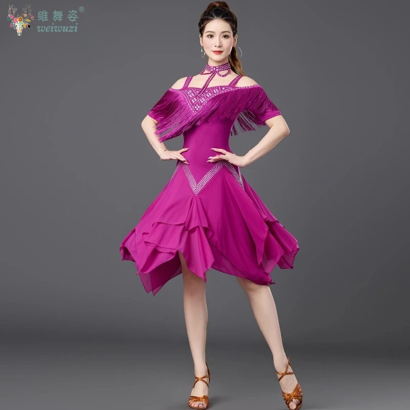 라틴 댄스 공연 드레스 오프 숄더 불규칙한 태슬 드레스 성인 전문 차차 삼바 룸바 대회 의상