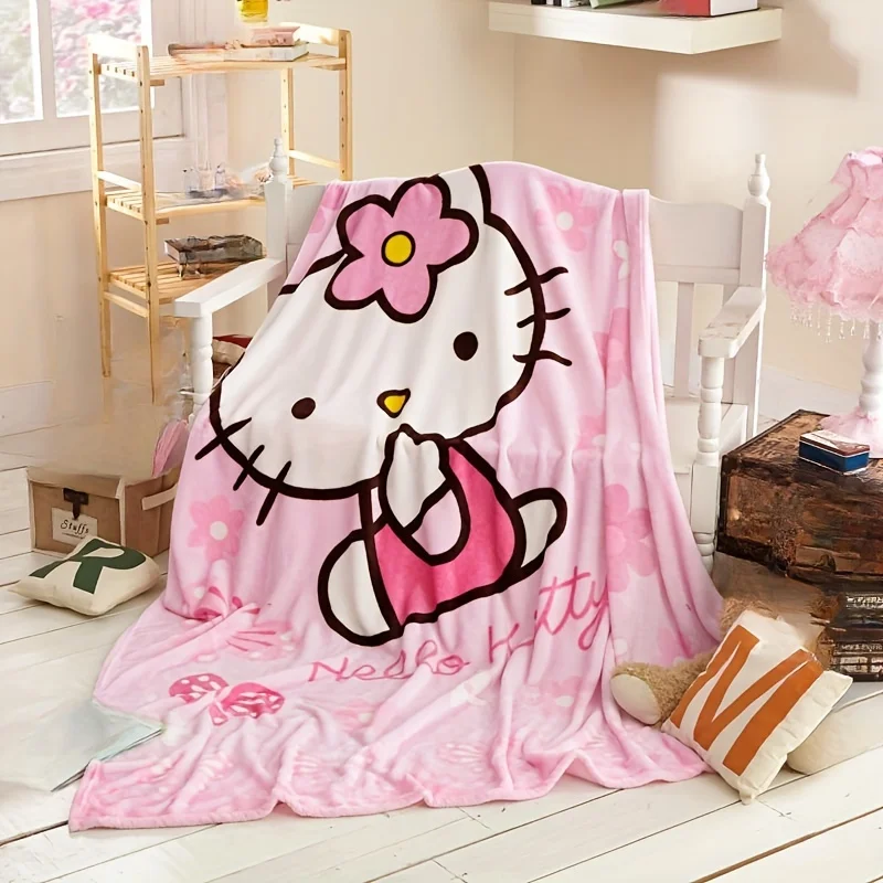 Hello Kitty Cartoon Blanket Kawaii Y2K Sanrio Kt Cat Home Textile Flannel Soft Warm Throw Blanket Bedding Sofa Cover Girls Gift