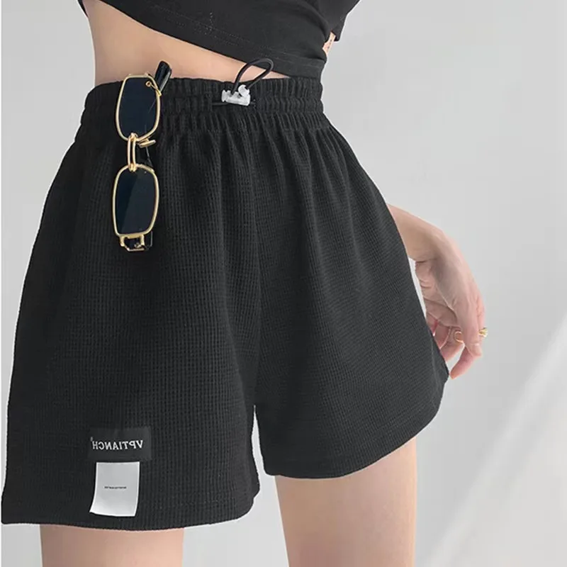 Waffle Women's Shorts Hot Pants Sports Shorts Homewear Bottoms Solid Color Elastic Pockets Casual High Waisted Lady Loose Short