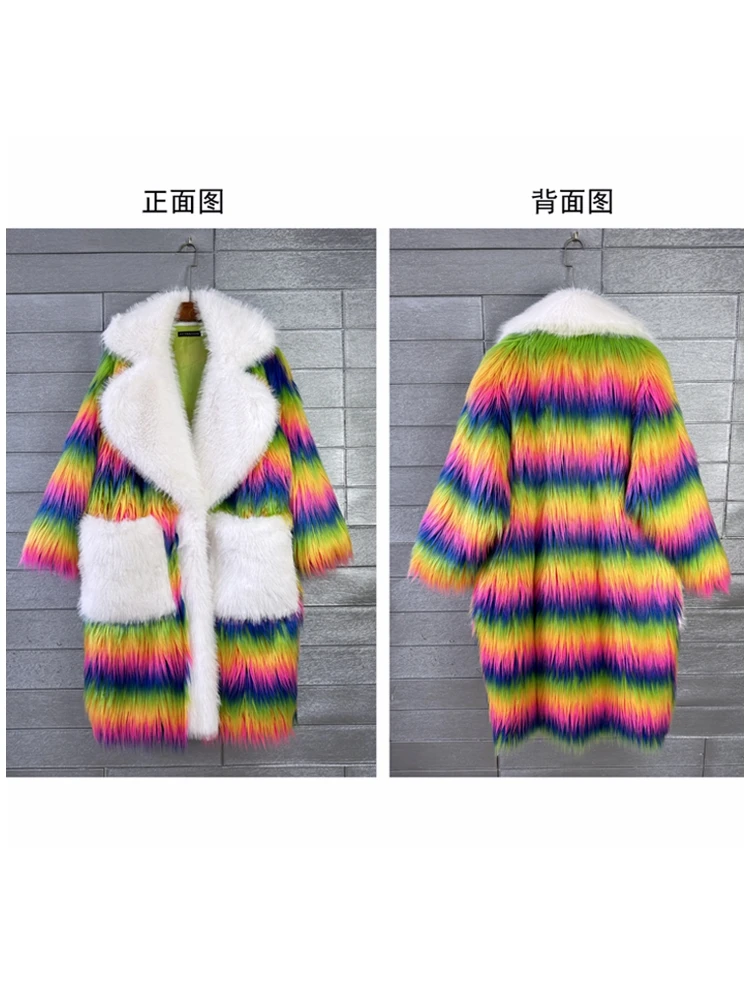 Original Design Female Fashion Iridescent Faux Fur Coat Lapel Long Jacket Lady Shaggy Outerwear Women\'s Winter Coats Promotion