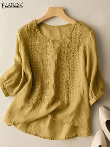 Imagen 2 del producto ZANZEA Blusas bordadas elegantes para Mujer otoño 2024 3/4 Blusas transparentes con mangas abullonadas Mujer Casual Vintage camisas de algodón Tops