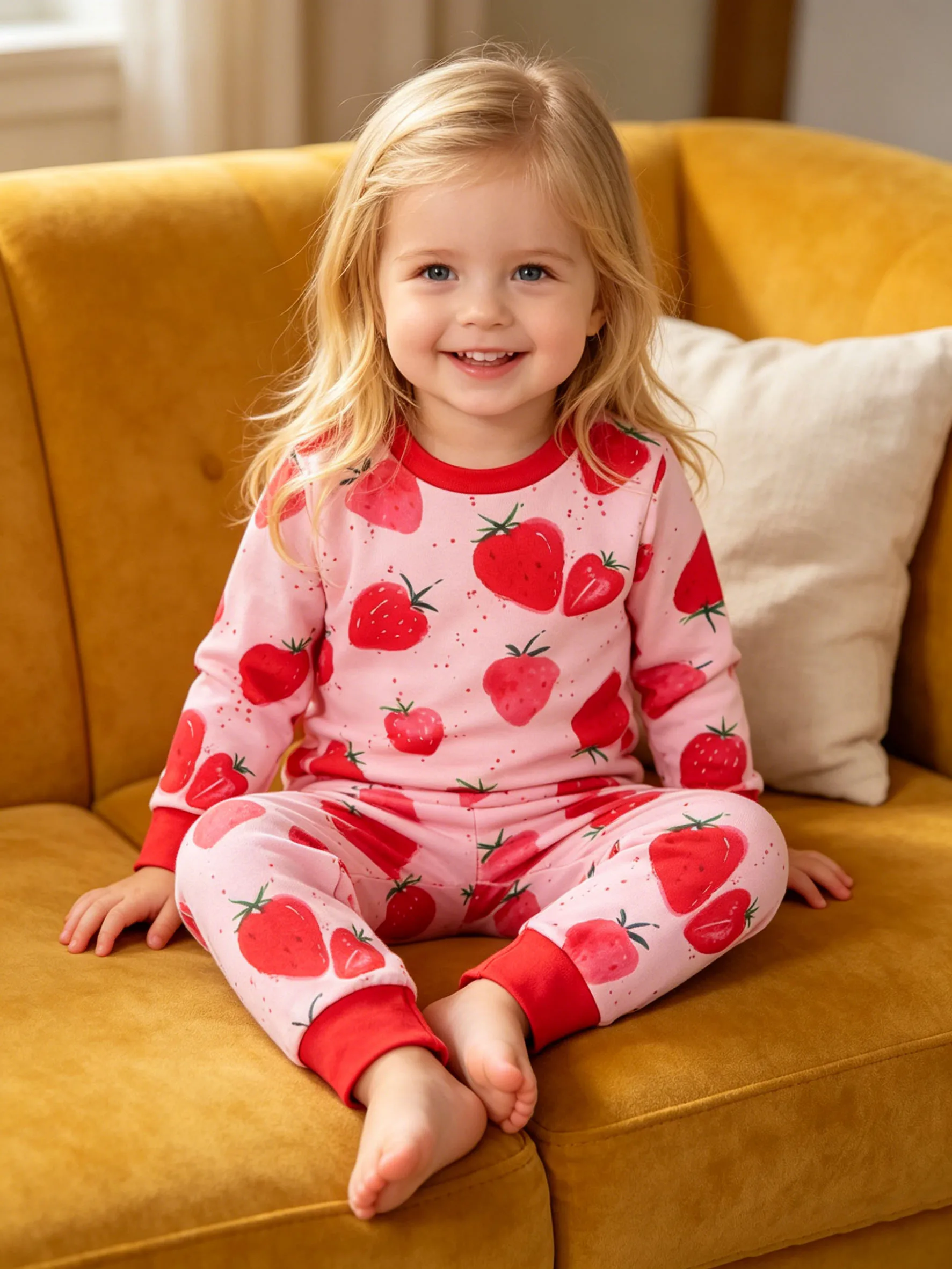 Girls' fashionable home clothes for spring and autumn, girls' outdoor leisure strawberry pattern top, long sleeved pants