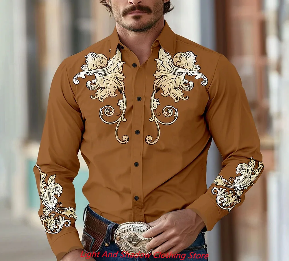 2025 Men's Flower Pattern Western Printed Shirt Cowboy Shirt Long Sleeve Casual Collar Button Men's Clothing XS-6XL