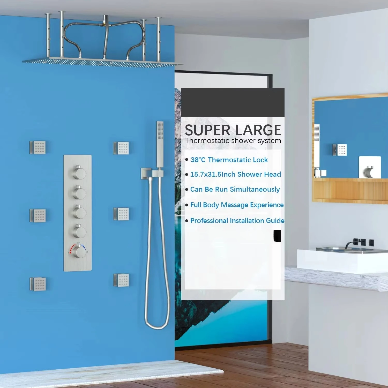 Brushed Nickel Bathroom Shower System Ceiling Mount 16 Inches Thermostatic Shower Set Bathroom Shower Faucet