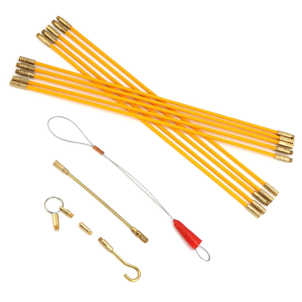 10Pcs Fiberglass Cable Puller Kit 45cm Yellow Rods With Hook And Hole For Electrician Wire Fishing Through Wall Ceiling Conduit
