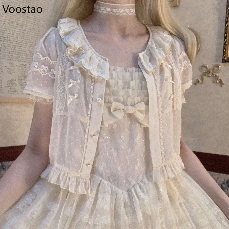 Sweet Lolita Chiffon Shirts Women Vintage Y2k Lace Ruffles Bow Short Sleeves Cute Blouses Japanese Kawaii Ruffles Collar Tops