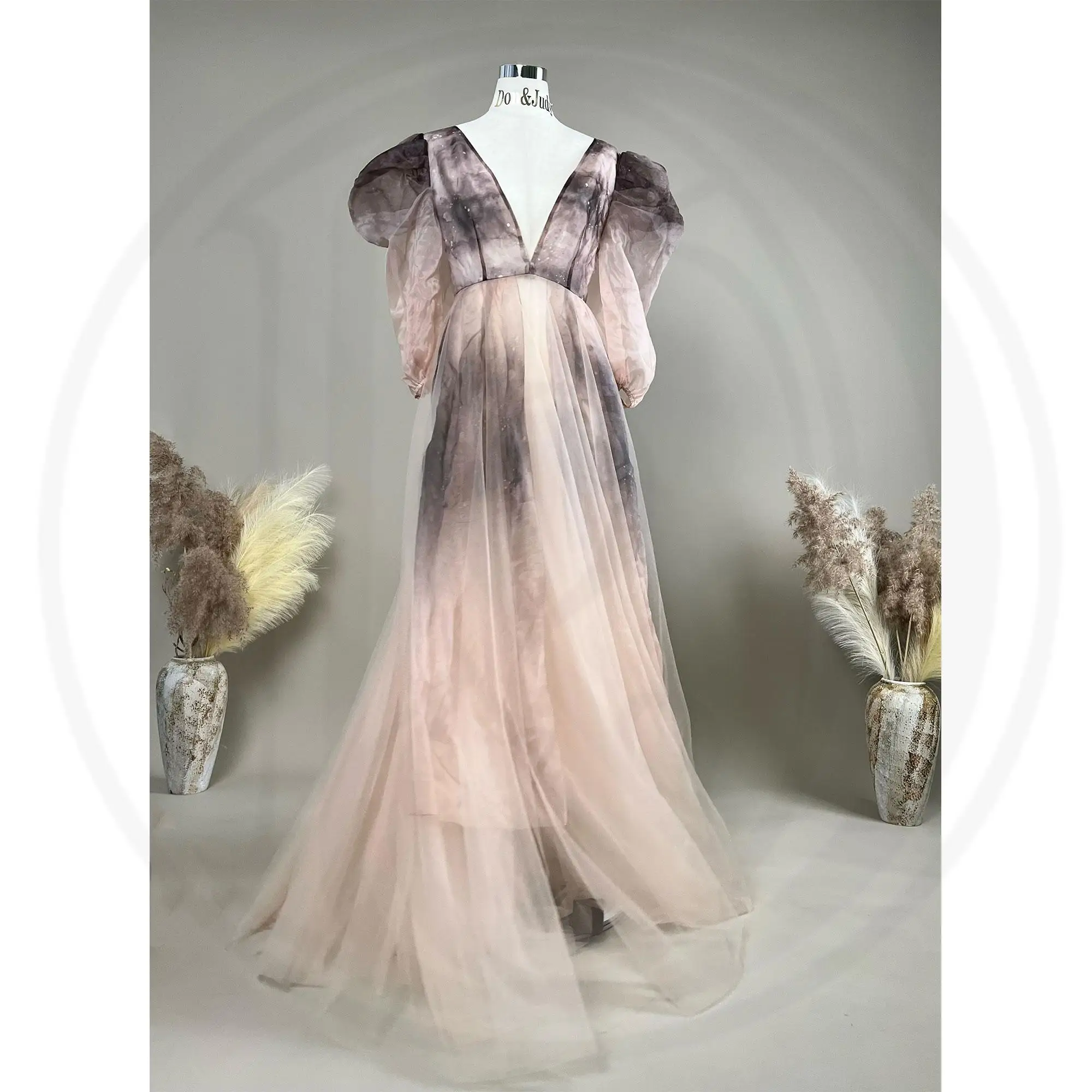 

Don&Judy Pregnant Woman Dress Tie-dye Style Organza Puff Sleeves Gown For Party Woman Photography Clothing