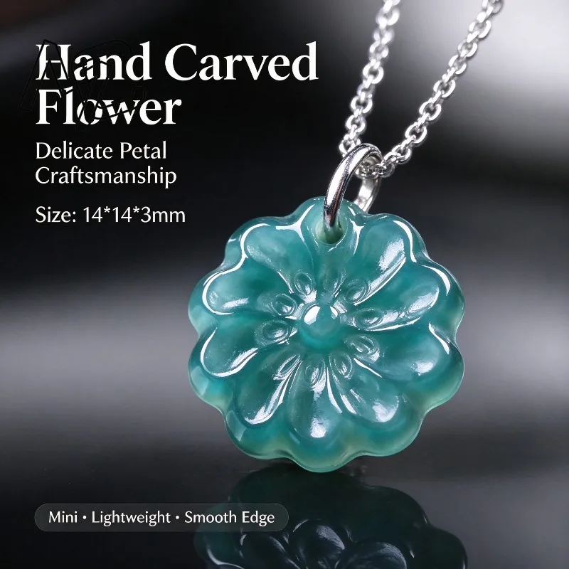 Hand Carved Natural Blue Water Jadeite Flower Pendant S925 Silver Chain Floral Jade Necklace Women Vintage Chinese Jewelry Gift