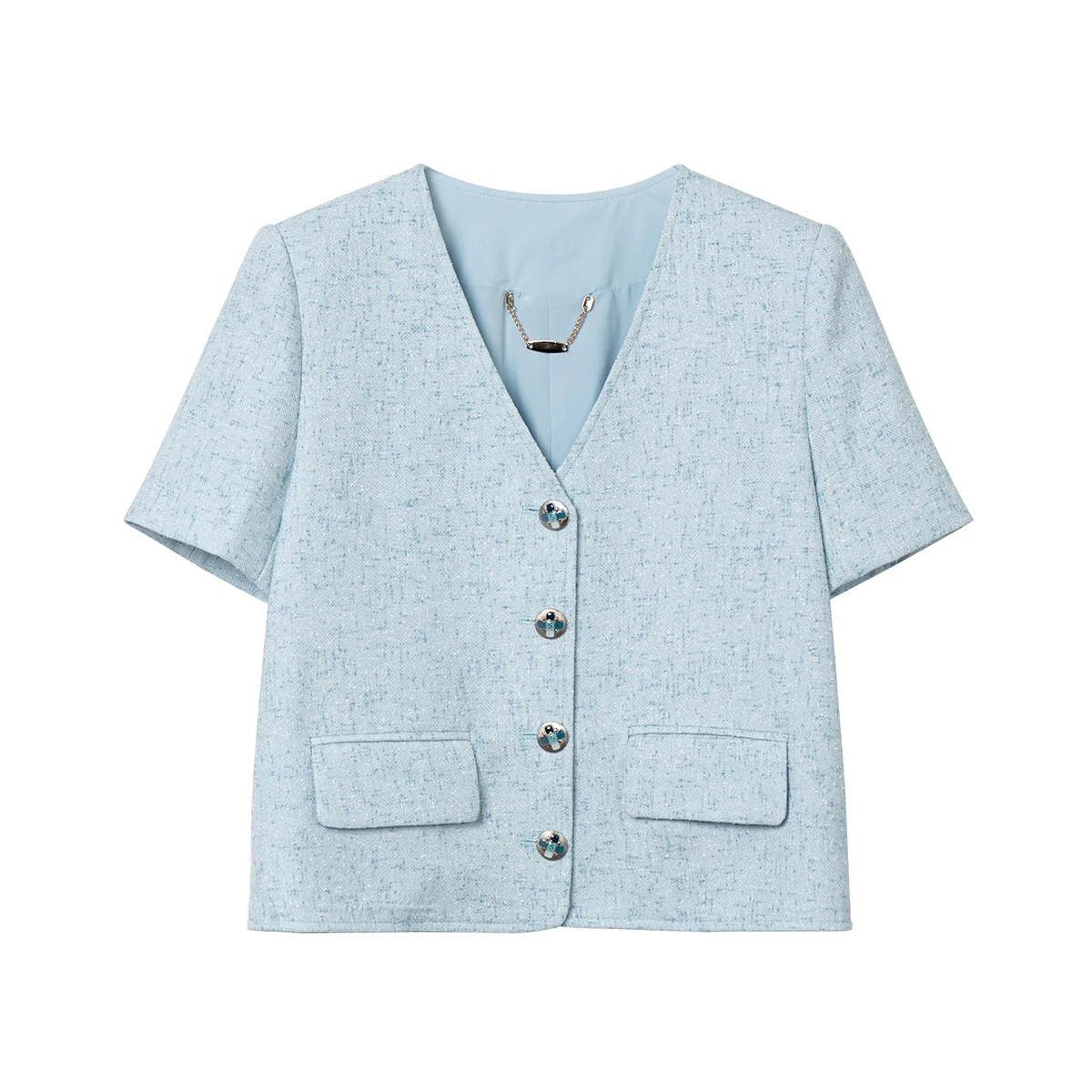 

New spring and summer fashion temperament V-neck single-breasted fashionable salt blue suit small fragrance simple short jacket