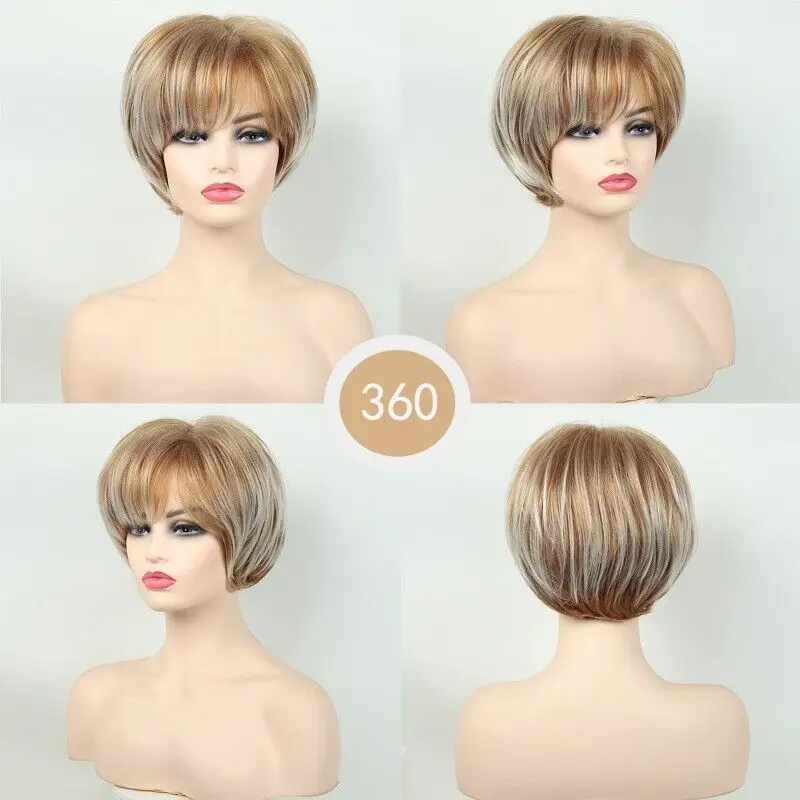 

Ladies Wig Natural Short Ladies Dark Golden Multicolor Straight Hair Wig+Wig Cap