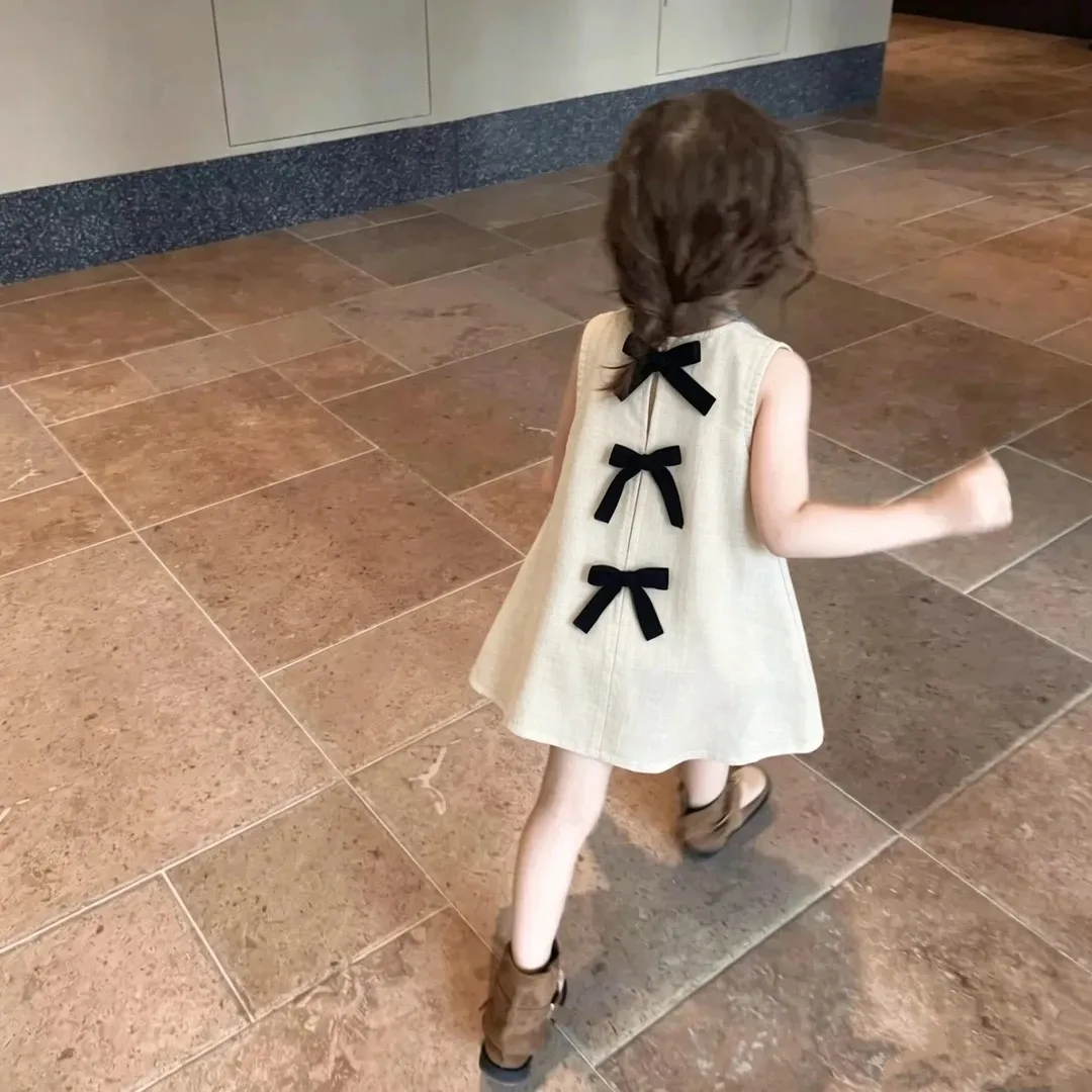

2026 Black Bow Decor Korean Stylish Original Girls Summer Ramie Retro Bow Vest Dress Niche Princess Skirt Trendy