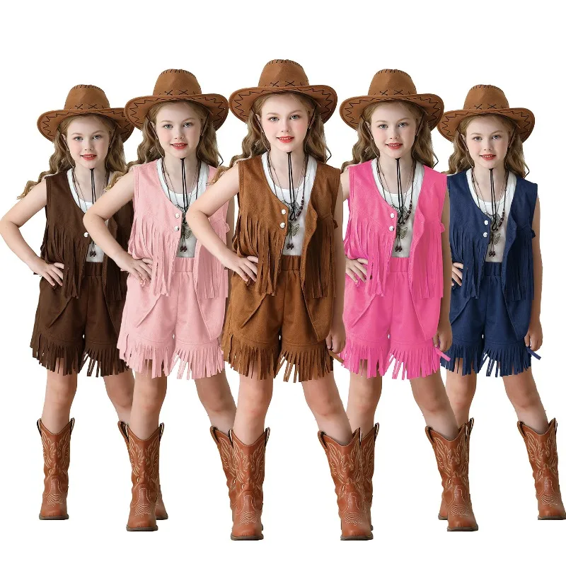 New Carnival Cosplay Costume Tassel Vest Deerskin Western Denim Shorts Theme Party Role Playing Outfit for 8 Years Old and Above view 2