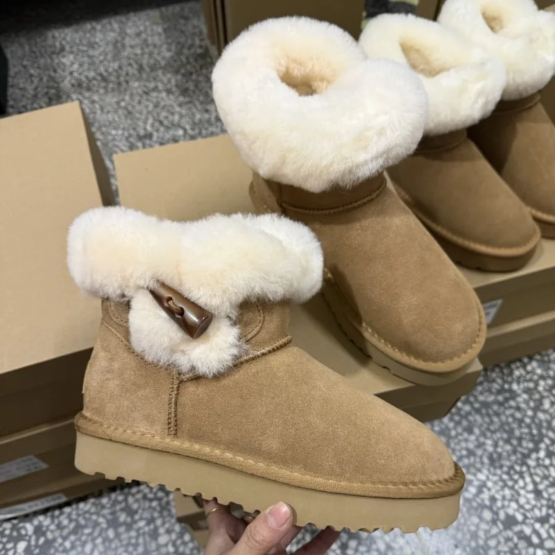 Winter new fur integrated snow boots for women with cow horn buckle thick sole and increased warmth cotton shoes