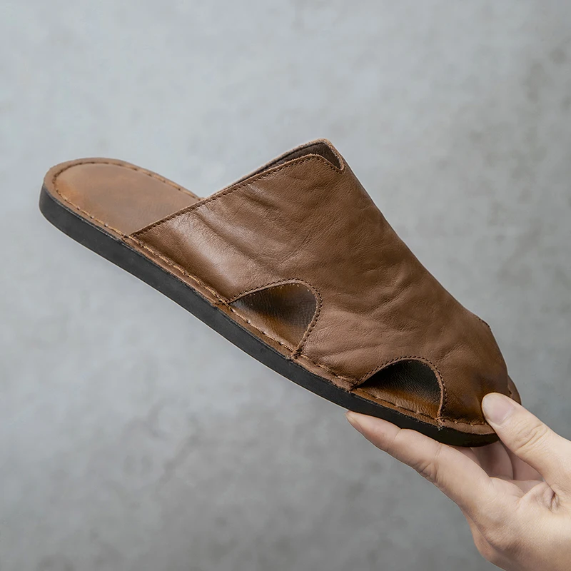 

Handmade Men's Leather Slippers Summer Wear Non-slip Simple Flip-flops Male Soft Sole New Designer Slipper Luxury Shoes Man
