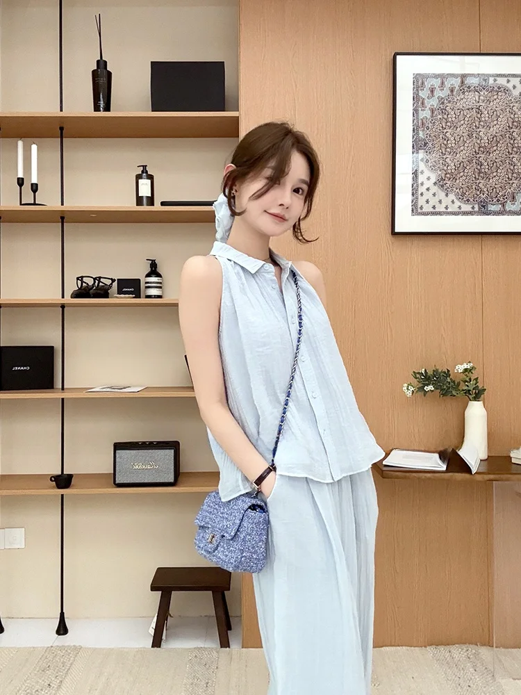 

ARE GuaGua Summer Slim Fit Short Shirt Women's Fashion Chiffon Sleeveless Pleated Stand Collar Commute Style Top for Adults