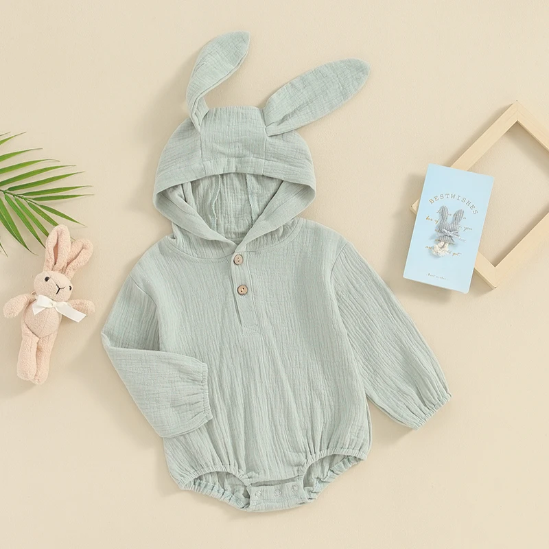 

Easter Newborn Baby Boy Rompers Solid Color Buttons Rabbit Ears Hooded Long Sleeve Bodysuits Spring Fall Clothes