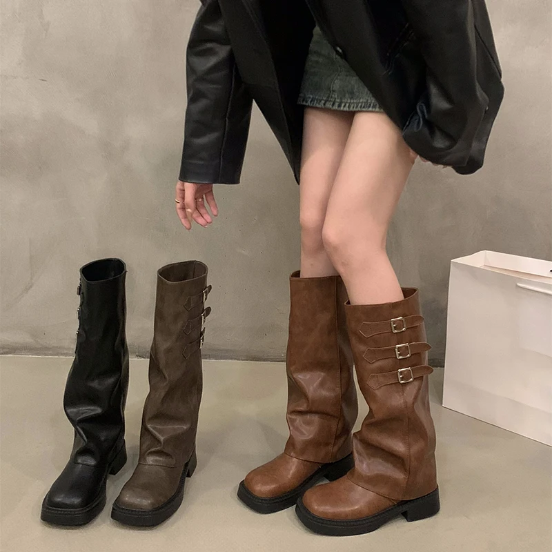 Botas hasta la rodilla de estilo Retro para mujer, botas largas de caballero sin cordones a la moda, calzado para mujer de Otoño Invierno