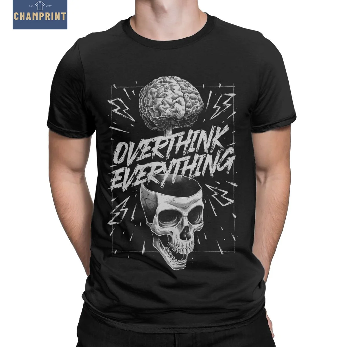 Vintage Overthink Everything Anxiety Skull T-Shirts Men Round Neck Pure Cotton T Shirts Short Sleeve Tees 4XL 5XL 6XL Tops