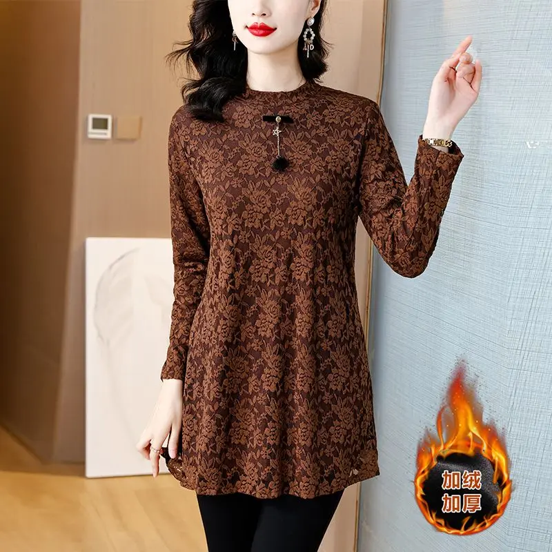 

Кружевной базовый слой, женский топ на весну, осень-зиму Thiened Long Sve, средней длины, на подкладке, внутренняя одежда, топ TT234