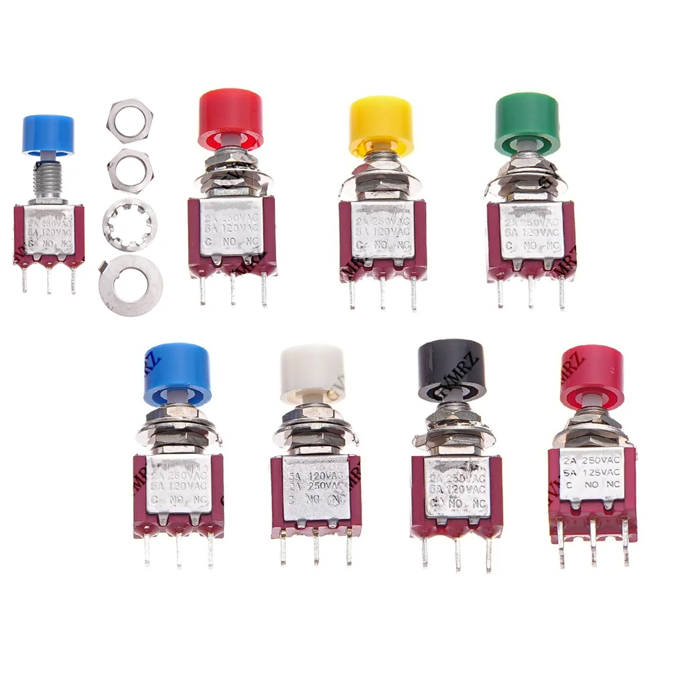 5PCS 2A 250VAC/5A 120VAC Button Switch 3Pin 6Pin C-NO-NC 6MM Mini Momentary Automatic return Push Button Switch ON-(ON) Red Cap
