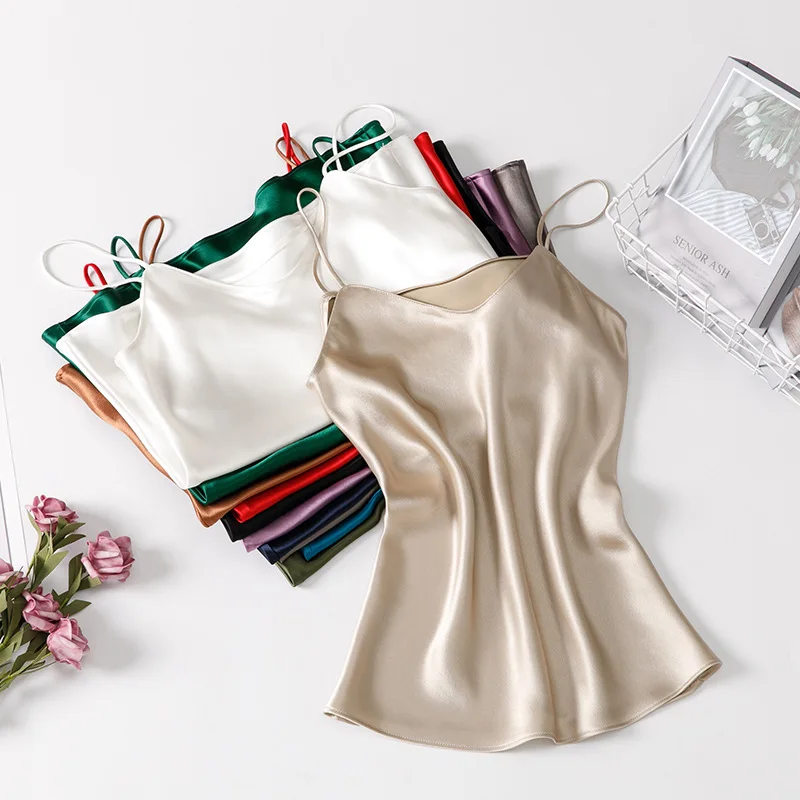 

Silk Acetate Satin Sexy Vest Top Strap Trendy Summer New Sle Outerwear Tee Acetate Fiber 78% Novel Polyester 22%