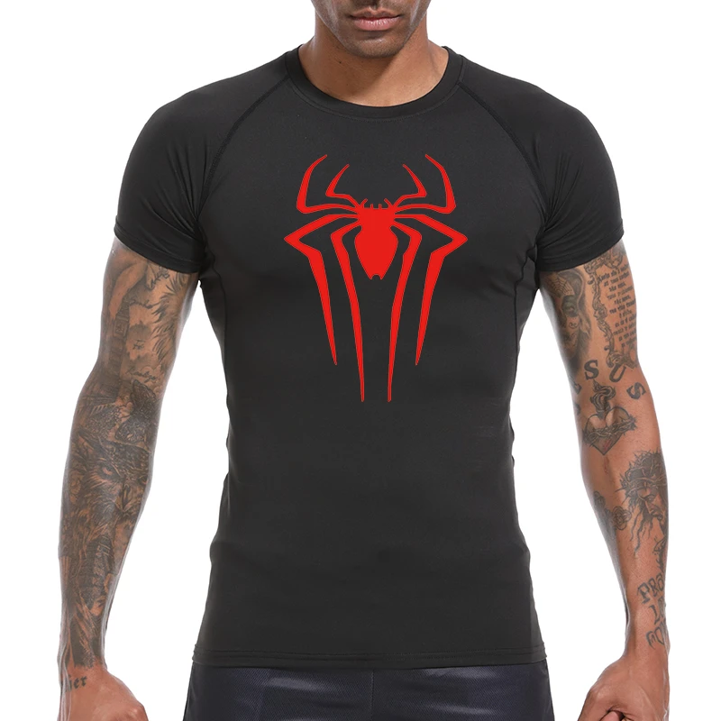 Spider Print Compression Shirts for Men Gym Workout Rash Guard Summer Athletic Undershirts Baselayers Quick Dry Tshirt Tees Tops