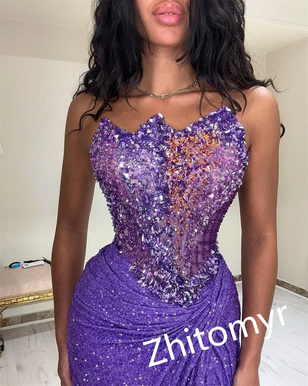 Fashion Customized Strapless A-line Anke length Prom Dresses Beading Sequins Taffeta Evening robe femme soirรฉe