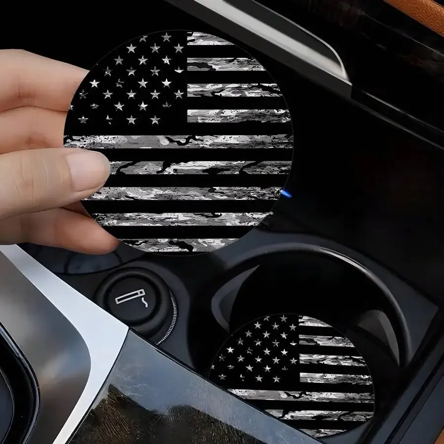 4PC Black American Flag Car Coaster, 2.75-Inch Round PU Leather Decorative Car Coaster, Household And Car Water Cup Coaster,