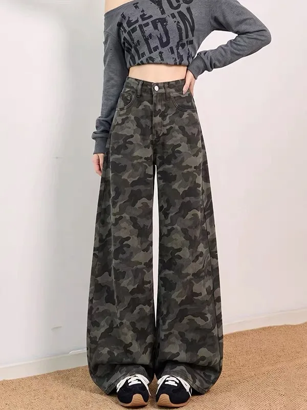 150cm Small Size Camouflage Wide Leg Denim Jeans Women's Autumn New Style Versatile Draping Floor-Length Pants